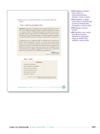 LIVRO DO PROFESSOR LÍNGUA PORTUGUESA · 3O
ANO 165
•P14 Estabelecer conexões
entre o texto e os
conhecimentos prévios,
vivências, crenças e valores.
•P15 Estabelecer a relação
entre o título e o corpo do texto
ou entre as imagens (fotos,
ilustrações) e o corpo do texto.
•P16 Explicitar o assunto
do texto.
•P21 Identiﬁcar, com o auxílio
do professor, possíveis
elementos da organização
interna do verbete: título,
subtítulos e corpo do texto.
Port3ºAnoParte2PROF.indd 165Port3ºAnoParte2PROF.indd 165 9/16/10 11:17 AM9/16/10 11:17 AM
 