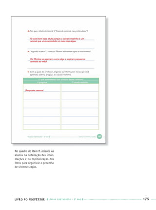 LIVRO DO PROFESSOR LÍNGUA PORTUGUESA · 3O
ANO 175
No quadro do item f, oriente os
alunos na ordenação das infor-
mações e na topicalização dos
itens para organizar o processo
de sistematização.
O texto tem esse título porque o cavalo-marinho é um
animal que vive escondido no meio das algas.
Os ﬁlhotes se agarram a uma alga e aspiram pequenos
animais ao redor.
Resposta pessoal
Port3ºAnoParte2PROF.indd 175Port3ºAnoParte2PROF.indd 175 9/16/10 11:17 AM9/16/10 11:17 AM
 