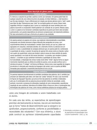 LIVRO DO PROFESSOR LÍNGUA PORTUGUESA · 3O
ANO 21
como uma listagem de conteúdos a serem trabalhados com
os alunos.
Em cada uma das séries, as expectativas de aprendizagem
previstas são basicamente as mesmas, mas em um movimento
que as torna “metas de desenvolvimento que se alargam e se
aprofundam, progressivamente, conforme as possibilidades e
necessidades dos estudantes”.6
Com essa dinâmica, o aluno
pode construir ou aprimorar sistematicamente capacidades
Breve descrição do gênero poema
Conteúdo temático
É o tema ou o assunto de que fala o poema (o amor, por exemplo). Um poema pode tratar de
qualquer assunto (de uma notícia de jornal, de pessoas, de fatos históricos...), não havendo o
que lhe seja impróprio. O que o diferenciará em relação aos demais gêneros será o “jeito” usado
para falar de algo. Chamaremos esse “jeito” de recriação poética em versos. Desse modo,
sugestões rítmicas e imagéticas para o amor ou a exploração de novos sentidos para uma
palavra recorrente no vocabulário infantil poderiam ser conteúdo de um poema. Nesses casos,
o amor e a palavra só se tornariam conteúdos especíﬁcos do poema por terem sido recriados
poeticamente, com grande dependência da estrutura composicional e do tratamento estilístico.
Por isso comumente se diz que a forma de um poema é seu conteúdo.
Construção composicional
Um poema sempre se organiza em versos, que exploram intencionalmente a sonoridade,
alcançando uma divisão estrutural e lógica diferente dos parágrafos em prosa, com
surpreendentes efeitos de musicalidade e sentido. Esses versos, por sua vez, podem ser
agrupados em conjuntos, chamados estrofes. Se o elemento mínimo na estrutura de um
poema é o verso, a possibilidade de variação estrutural que um poema pode ter, combinando
a quantidade de versos, é grande: há poemas de apenas três versos (como os haicais), outros
com quatro (as quadrinhas), outros que dividem catorze versos em duas estrofes de quatro
versos (quartetos) e em duas de três versos (tercetos) – os sonetos, que remetem à poesia
clássica –, e também os que combinam livremente a quantidade de versos. Além
da musicalidade, a disposição dos versos muitas vezes tenta “imitar” alguma forma ou algum
movimento importante para os efeitos de sentido do poema, como se pode veriﬁcar com a
estrutura do poema “O relógio”, de Vinicius de Moraes. Outras vezes, essa sugestão de imagens
da estrutura é reforçada pela inserção da linguagem não verbal, como no poema de Millôr
Fernandes para expressar o movimento decrescente do sol a se pôr.
Aspectos estilísticos
Os poemas exploram prioritariamente os sentidos conotativos das palavras, isto é, sentidos que
precisam ser elaborados pelo leitor, com base nas “pistas” textuais. Por isso o uso recorrente
de ﬁguras da linguagem ﬁgurada, que procura tirar das palavras os sentidos cristalizados
pelo uso. A combinação entre as palavras procura também efeitos de sonoridade, sendo,
portanto, recorrente a presença de aliterações (repetição de sons consonantais), assonâncias
(repetição de sons vocálicos), alternância de sílabas fortes e fracas em ritmo e combinações das
terminações das palavras em rimas, como marcas estilísticas próprias da recriação poética.
6 Orientações curriculares e proposição
de expectativas de aprendizagem para
o Ensino Fundamental – Ciclo I, p. 36.
Port3ºAnoPROF.indd 21Port3ºAnoPROF.indd 21 9/16/10 10:58 AM9/16/10 10:58 AM
 