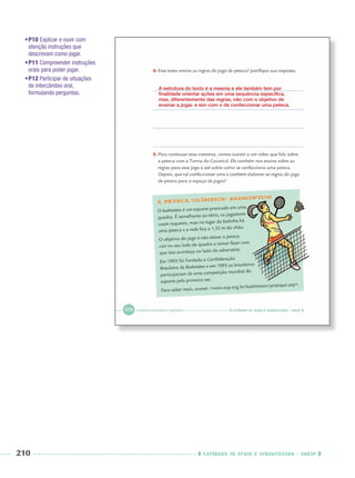 210 CADERNOS DE APOIO E APRENDIZAGEM · SMESP
A estrutura do texto é a mesma e ele também tem por
ﬁnalidade orientar ações em uma sequência especíﬁca,
mas, diferentemente das regras, não com o objetivo de
ensinar a jogar, e sim com o de confeccionar uma peteca.
•P10 Explicar e ouvir com
atenção instruções que
descrevam como jogar.
•P11 Compreender instruções
orais para poder jogar.
•P12 Participar de situações
de intercâmbio oral,
formulando perguntas.
Port3ºAnoParte2PROF.indd 210Port3ºAnoParte2PROF.indd 210 9/16/10 11:18 AM9/16/10 11:18 AM
 
