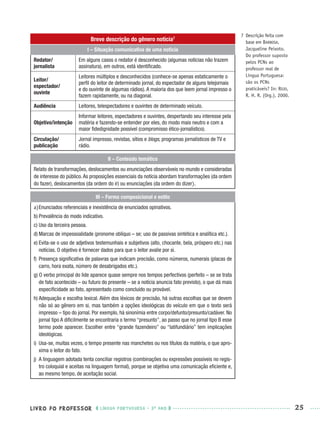 LIVRO DO PROFESSOR LÍNGUA PORTUGUESA · 3O
ANO 25
7 Descrição feita com
base em BARBOSA,
Jacqueline Peixoto.
Do professor suposto
pelos PCNs ao
professor real de
Língua Portuguesa:
são os PCNs
praticáveis? In: ROJO,
R. H. R. (Org.), 2000.
Breve descrição do gênero notícia7
I – Situação comunicativa de uma notícia
Redator/
jornalista
Em alguns casos o redator é desconhecido (algumas notícias não trazem
assinatura), em outros, está identiﬁcado.
Leitor/
espectador/
ouvinte
Leitores múltiplos e desconhecidos (conhece-se apenas estaticamente o
perﬁl do leitor de determinado jornal, do espectador de alguns telejornais
e do ouvinte de algumas rádios). A maioria dos que leem jornal impresso o
fazem rapidamente, ou na diagonal.
Audiência Leitores, telespectadores e ouvintes de determinado veículo.
Objetivo/intenção
Informar leitores, espectadores e ouvintes, despertando seu interesse pela
matéria e fazendo-se entender por eles, do modo mais neutro e com a
maior ﬁdedignidade possível (compromisso ético-jornalístico).
Circulação/
publicação
Jornal impresso, revistas, sítios e blogs, programas jornalísticos de TV e
rádio.
II – Conteúdo temático
Relato de transformações, deslocamentos ou enunciações observáveis no mundo e consideradas
de interesse do público.As proposições essenciais da notícia abordam transformações (da ordem
do fazer), deslocamentos (da ordem do ir) ou enunciações (da ordem do dizer).
III – Forma composicional e estilo
a)Enunciados referenciais e inexistência de enunciados opinativos.
b) Prevalência do modo indicativo.
c) Uso da terceira pessoa.
d) Marcas de impessoalidade (pronome oblíquo – se; uso de passivas sintética e analítica etc.).
e) Evita-se o uso de adjetivos testemunhais e subjetivos (alto, chocante, bela, próspero etc.) nas
notícias. O objetivo é fornecer dados para que o leitor avalie por si.
f) Presença signiﬁcativa de palavras que indicam precisão, como números, numerais (placas de
carro, hora exata, número de desabrigados etc.).
g) O verbo principal do lide aparece quase sempre nos tempos perfectivos (perfeito – se se trata
de fato acontecido – ou futuro do presente – se a notícia anuncia fato previsto), o que dá mais
especiﬁcidade ao fato, apresentado como concluído ou provável.
h) Adequação e escolha lexical. Além dos léxicos de precisão, há outras escolhas que se devem
não só ao gênero em si, mas também a opções ideológicas do veículo em que o texto será
impresso – tipo do jornal. Por exemplo, há sinonímia entre corpo/defunto/presunto/cadáver. No
jornal tipo A diﬁcilmente se encontraria o termo “presunto”, ao passo que no jornal tipo B esse
termo pode aparecer. Escolher entre “grande fazendeiro” ou “latifundiário” tem implicações
ideológicas.
i) Usa-se, muitas vezes, o tempo presente nas manchetes ou nos títulos da matéria, o que apro-
xima o leitor do fato.
j) A linguagem adotada tenta conciliar registros (combinações ou expressões possíveis no regis-
tro coloquial e aceitas na linguagem formal), porque se objetiva uma comunicação eﬁciente e,
ao mesmo tempo, de aceitação social.
Port3ºAnoPROF.indd 25Port3ºAnoPROF.indd 25 9/16/10 10:58 AM9/16/10 10:58 AM
 