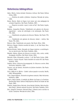 LIVRO DO PROFESSOR LÍNGUA PORTUGUESA · 3O
ANO 37
Referências bibliográﬁcas
ABREU, Márcia. Cultura letrada: literatura e leitura. São Paulo: Editora
Unesp, 2006.
. Histórias de cordéis e folhetos. Campinas: Mercado de Letras,
1999.
BAGNO, Marcos. Nada na língua é por acaso: por uma pedagogia da
variação linguística. São Paulo: Parábola, 2007.
. Pesquisa na escola: o que é, como se faz?. São Paulo: Loyola,
1999.
BARBOSA, Jacqueline Peixoto. Trabalhando com gêneros do discurso:
argumentar – cartas de solicitação e de reclamação. São Paulo:
FTD, 2005.
. Trabalhando com gêneros do discurso: fábulas. São Paulo: FTD,
2001.
. Trabalhando com gêneros do discurso: relatar – notícia. São
Paulo: FTD, 2001.
BERALDO, Alda. Trabalhando com poesia. São Paulo: Ática, 1990.
BERTHOLD, Margot. História mundial do teatro. 2. ed. São Paulo: Pers-
pectiva, 2004.
BORTONI-RICARDO, Stella. Educação em língua materna: a sociolinguís-
tica na sala de aula. São Paulo: Parábola, 2004.
BRANDÃO, Helena. Gêneros do discurso na escola: mito, conto, cordel,
divulgação cientíﬁca. São Paulo: Cortez, 2003.
BROUGÈRE, Gilles. Brinquedo e cultura. 7. ed. São Paulo: Cortez, 2008.
CAMPEDELLI, Samira Youssef. Teatro brasileiro do século XX. São Paulo:
Scipione, 1995.
CARDOSO, Sílvia. O discurso da propaganda. In: Discurso e ensino. Belo
Horizonte: Autêntica, 1999.
CASCUDO, Luís da Câmara. Dicionário do folclore brasileiro. São Paulo:
Global, 2002.
COSTA, Adély et al. Oﬁcina – Cordel: cultura popular na escola. Recife,
2002. Mimeografado.
COSTA, Sérgio Roberto. Dicionário de gêneros textuais. Belo Horizonte:
Autêntica, 2008.
DEZOTTI, Maria Celeste. A tradição da fábula: de Esopo a La Fontaine.
Brasília/São Paulo: Editora UnB/Imprensa Oﬁcial do Estado de São
Paulo, 2003.
DIONÍSIO, Angela Paiva; MACHADO, Anna Rachel; BEZERRA, Maria Auxilia-
dora (Orgs.). Gêneros textuais & ensino. São Paulo: Parábola, 2010.
DOLZ, Joaquim; SCHNEUWLY, Bernard (Orgs.). Gêneros orais e escritos na
escola. Campinas: Mercado de Letras, 2004.
Port3ºAnoPROF.indd 37Port3ºAnoPROF.indd 37 9/16/10 10:58 AM9/16/10 10:58 AM
 