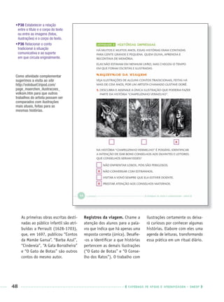 48 CADERNOS DE APOIO E APRENDIZAGEM · SMESP
•P38 Estabelecer a relação
entre o título e o corpo do texto
ou entre as imagens (fotos,
ilustrações) e o corpo do texto.
•P36 Relacionar o conto
tradicional à situação
comunicativa e ao suporte
em que circula originalmente.
As primeiras obras escritas desti-
nadas ao público infantil são atri-
buídas a Perrault (1628-1703),
que, em 1697, publicou “Contos
da Mamãe Gansa”. “Barba Azul”,
“Cinderela”, “A Gata Borralheira”
e “O Gato de Botas” são outros
contos do mesmo autor.
Registros da viagem. Chame a
atenção dos alunos para a pala-
vra que indica que há apenas uma
resposta correta (única). Desaﬁe-
-os a identiﬁcar a que histórias
pertencem as demais ilustrações
(“O Gato de Botas” e “O Conse-
lho dos Ratos”). O trabalho com
ilustrações certamente os deixa-
rá curiosos por conhecer algumas
histórias. Elabore com eles uma
agenda de leituras, transformando
essa prática em um ritual diário.
X
X
X
Como atividade complementar
sugerimos a visita ao site
http://volobuef.tripod.com/
page_maerchen_ilustracoes_
volksm.htm para que outros
trabalhos do artista possam ser
comparados com ilustrações
mais atuais, feitas para as
mesmas histórias.
Port3ºAnoPROF.indd 48Port3ºAnoPROF.indd 48 9/16/10 10:58 AM9/16/10 10:58 AM
 