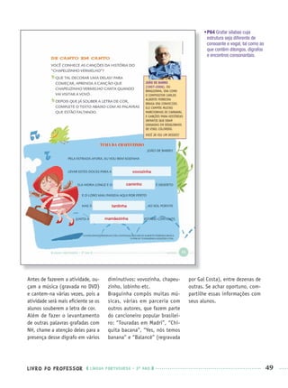 LIVRO DO PROFESSOR LÍNGUA PORTUGUESA · 3O
ANO 49
•P64 Grafar sílabas cuja
estrutura seja diferente de
consoante e vogal, tal como as
que contêm ditongos, dígrafos
e encontros consonantais.
Antes de fazerem a atividade, ou-
çam a música (gravada no DVD)
e cantem-na várias vezes, pois a
atividade será mais eﬁciente se os
alunos souberem a letra de cor.
Além de fazer o levantamento
de outras palavras grafadas com
NH, chame a atenção deles para a
presença desse dígrafo em vários
diminutivos: vovozinha, chapeu-
zinho, lobinho etc.
Braguinha compôs muitas mú-
sicas, várias em parceria com
outros autores, que fazem parte
do cancioneiro popular brasilei-
ro: “Touradas em Madri”, “Chi-
quita bacana”, “Yes, nós temos
banana” e “Balancê” (regravada
por Gal Costa), entre dezenas de
outras. Se achar oportuno, com-
partilhe essas informações com
seus alunos.
vovozinha
caminho
tardinha
mamãezinha
Port3ºAnoPROF.indd 49Port3ºAnoPROF.indd 49 9/16/10 10:58 AM9/16/10 10:58 AM
 