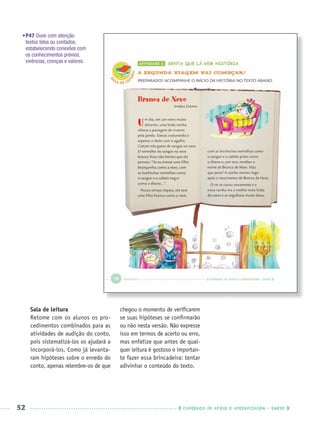 52 CADERNOS DE APOIO E APRENDIZAGEM · SMESP
•P47 Ouvir com atenção
textos lidos ou contados,
estabelecendo conexões com
os conhecimentos prévios,
vivências, crenças e valores.
Sala de leitura
Retome com os alunos os pro-
cedimentos combinados para as
atividades de audição do conto,
pois sistematizá-los os ajudará a
incorporá-los. Como já levanta-
ram hipóteses sobre o enredo do
conto, apenas relembre-os de que
chegou o momento de veriﬁcarem
se suas hipóteses se conﬁrmarão
ou não nesta versão. Não expresse
isso em termos de acerto ou erro,
mas enfatize que antes de qual-
quer leitura é gostoso e importan-
te fazer essa brincadeira: tentar
adivinhar o conteúdo do texto.
Port3ºAnoPROF.indd 52Port3ºAnoPROF.indd 52 9/16/10 10:59 AM9/16/10 10:59 AM
 