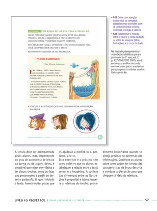 LIVRO DO PROFESSOR LÍNGUA PORTUGUESA · 3O
ANO 57
•P47 Ouvir com atenção
textos lidos ou contados,
estabelecendo conexões com
os conhecimentos prévios,
vivências, crenças e valores.
•P38 Estabelecer a relação
entre o título e o corpo do texto
ou entre as imagens (fotos,
ilustrações) e o corpo do texto.
A leitura deve ser acompanhada
pelos alunos, mas, dependendo
do grau de autonomia de leitura
da turma ou de alguns deles, é
desejável que sejam convidados a
ler alguns trechos, como as falas
das personagens a partir do ter-
ceiro parágrafo, já que, iniciado
o texto, haverá muitas pistas que
os ajudarão a predizê-lo e, por-
tanto, a lê-lo.
Este exercício e o próximo têm
como objetivo que os alunos es-
tabeleçam a relação entre o texto
verbal e o imagético. A sutileza
das diferenças entre as ilustra-
ções é proposital e talvez requei-
ra a releitura do trecho, proce-
dimento importante quando se
almeja precisão na apreensão das
informações. Questione os alunos
sobre como podem ter certeza das
características da bruxa descrita
e conduza a discussão para que
cheguem à ideia da releitura.
No Guia de planejamento e
orientações didáticas para o
professor do 2º ano, vol. 2,
p. 137 (SME/DOT, 2007), você
encontra a análise do conto
com recursos para caracterizar
personagens e cenários usados.
Vale a pena ler.
Port3ºAnoPROF.indd 57Port3ºAnoPROF.indd 57 9/16/10 10:59 AM9/16/10 10:59 AM
 