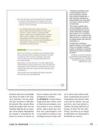 LIVRO DO PROFESSOR LÍNGUA PORTUGUESA · 3O
ANO 61
Contamos aqui com a curiosidade
dos alunos em saber o ﬁm origi-
nal e, portanto, com seu empe-
nho para vencerem as diﬁculda-
des naturais. Mas o quanto dessa
tarefa eles podem fazer sem sua
mediação depende de sua avalia-
ção. Forme duplas heterogêneas
em relação à competência de
leitura ou escreva os trechos na
lousa e explore com eles o que
conseguem ler sozinhos.
Na atividade 8, a leitura drama-
tizada prevê que o leitor, ao ler
as falas das personagens, pro-
cure produzir a voz e, eventual-
mente, algum gesto que com-
bine com a personagem e com
o enunciado da narrativa. Essa
estratégia tem por escopo moti-
var os alunos para a leitura autô-
noma. A preparação dos alunos é
fundamental: eles precisam saber
o que irão ler, quando, com que
parceiros, para que plateia e,
também, de tempo hábil para os
ensaios. O texto “Os três cabri-
tinhos” encontra-se na íntegra
no DVD (deve ser fotocopiado e
distribuído aos alunos).
“Partindo do princípio de que
o conhecimento é pouco a
pouco construído, a escola
deve oferecer desaﬁos que, a
todo momento, mobilizem as
potencialidades dos estudantes
e os façam crescer em busca
da autonomia.
Toda criança, quando inicia
sua aprendizagem, necessita
de acompanhamento. Por isso
existem diferentes estratégias
para ensinar a ler e a escrever,
algumas em que o professor ﬁca
mais próximo [...], outras em que
ele delega função mais ativa aos
estudantes [...].
À medida que o professor
observa avanços, novos desaﬁos
devem ser lançados, visando a
auxiliar o estudante a conquistar
autonomia de leitura e produção
de textos.”
Orientações curriculares e proposição
de expectativas de aprendizagem para o
Ensino Fundamental: Ciclo I / Secretaria
Municipal de Educação. São Paulo:
SME/DOT, 2007, p.125
Port3ºAnoPROF.indd 61Port3ºAnoPROF.indd 61 9/16/10 10:59 AM9/16/10 10:59 AM
 