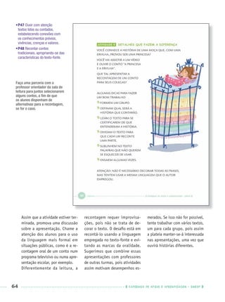 64 CADERNOS DE APOIO E APRENDIZAGEM · SMESP
•P47 Ouvir com atenção
textos lidos ou contados,
estabelecendo conexões com
os conhecimentos prévios,
vivências, crenças e valores.
•P48 Recontar contos
tradicionais, apropriando-se das
características do texto-fonte.
Assim que a atividade estiver ter-
minada, promova uma discussão
sobre a apresentação. Chame a
atenção dos alunos para o uso
da linguagem mais formal em
situações públicas, como é a re-
contagem oral de um conto num
programa televisivo ou numa apre-
sentação escolar, por exemplo.
Diferentemente da leitura, a
recontagem requer improvisa-
ções, pois não se trata de de-
corar o texto. O desaﬁo está em
recontá-lo usando a linguagem
empregada no texto-fonte e evi-
tando as marcas da oralidade.
Sugerimos que combine essas
apresentações com professores
de outras turmas, pois atividades
assim motivam desempenhos es-
merados. Se isso não for possível,
tente trabalhar com vários textos,
um para cada grupo, pois assim
a plateia manter-se-á interessada
nas apresentações, uma vez que
ouvirá histórias diferentes.
Faça uma parceria com o
professor orientador da sala de
leitura para juntos selecionarem
alguns contos, a ﬁm de que
os alunos disponham de
alternativas para a recontagem,
se for o caso.
Port3ºAnoPROF.indd 64Port3ºAnoPROF.indd 64 9/16/10 10:59 AM9/16/10 10:59 AM
 