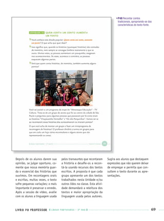 LIVRO DO PROFESSOR LÍNGUA PORTUGUESA · 3O
ANO 69
•P48 Recontar contos
tradicionais, apropriando-se das
características do texto-fonte.
Depois de os alunos darem sua
opinião, se julgar oportuno, co-
mente que nossa memória guar-
da o essencial das histórias que
ouvimos. Em recontagens orais
e escritas, muitas vezes, o texto
sofre pequenas variações; o mais
importante é preservar o enredo.
Após a sessão de vídeo, avalie
com os alunos a linguagem usada
pelos transeuntes que recontaram
a história e desaﬁe-os a recon-
tá-la usando recursos dos textos
escritos. A proposta é que cada
grupo apresente um dos textos
trabalhados nesta Unidade e/ou
outros lidos na classe. Esta ativi-
dade demandará a releitura dos
textos e maior apropriação da
linguagem usada pelos autores.
Sugira aos alunos que destaquem
expressões que não querem deixar
de empregar e permita que con-
sultem o texto durante as apre-
sentações.
Port3ºAnoPROF.indd 69Port3ºAnoPROF.indd 69 9/16/10 10:59 AM9/16/10 10:59 AM
 