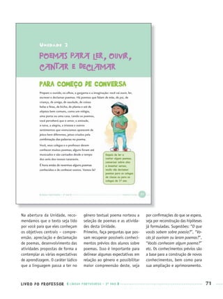 LIVRO DO PROFESSOR LÍNGUA PORTUGUESA · 3O
ANO 71
Na abertura da Unidade, reco-
mendamos que o texto seja lido
por você para que eles conheçam
os objetivos centrais – compre-
ensão, apreciação e declamação
de poemas, desenvolvimento das
atividades propostas de forma a
contemplar as várias expectativas
de aprendizagem. O caráter lúdico
que a linguagem passa a ter no
gênero textual poema norteou a
seleção de poemas e as ativida-
des desta Unidade.
Primeiro, faça perguntas que pos-
sam recuperar possíveis conheci-
mentos prévios dos alunos sobre
poemas. Isso é importante para
delinear algumas expectativas em
relação ao gênero e possibilitar
maior compreensão deste, seja
por conﬁrmações do que se espera,
seja por reconstrução das hipóteses
já formuladas. Sugestões: “O que
vocês sabem sobre poesia?”, “Vo-
cês já ouviram ou leram poemas?”,
“Vocês conhecem algum poema?”
etc. Os conhecimentos prévios são
a base para a construção de novos
conhecimentos, bem como para
sua ampliação e aprimoramento.
Port3ºAnoPROF.indd 71Port3ºAnoPROF.indd 71 9/16/10 10:59 AM9/16/10 10:59 AM
 