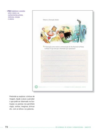 72 CADERNOS DE APOIO E APRENDIZAGEM · SMESP
•P50 Estabelecer conexões
entre o texto e os
conhecimentos prévios,
vivências, crenças
e valores.
Pretende-se explorar a leitura de
imagem. Ajude o aluno a perceber
o que pode ser observado na ilus-
tração: os poemas nos permitem
viajar, sonhar, imaginar, brincar
etc. com as letras e as palavras.
Port3ºAnoPROF.indd 72Port3ºAnoPROF.indd 72 9/16/10 10:59 AM9/16/10 10:59 AM
 