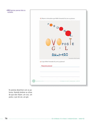 76 CADERNOS DE APOIO E APRENDIZAGEM · SMESP
•P57 Apreciar poemas lidos ou
recitados.
Os poemas desenham com as pa-
lavras, fazendo lembrar as coisas
de que eles falam: um ovo, um
poste, o por do sol, um gol.
Resposta pessoal
Port3ºAnoPROF.indd 76Port3ºAnoPROF.indd 76 9/16/10 10:59 AM9/16/10 10:59 AM
 