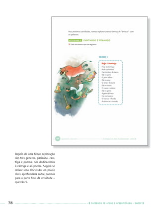 78 CADERNOS DE APOIO E APRENDIZAGEM · SMESP
Depois de uma breve exploração
dos três gêneros, parlenda, can-
tiga e poema, nos dedicaremos
à cantiga e ao poema. Sugere-se
deixar uma discussão um pouco
mais aprofundada sobre poemas
para a parte ﬁnal da atividade –
questão 5.
Port3ºAnoPROF.indd 78Port3ºAnoPROF.indd 78 9/16/10 10:59 AM9/16/10 10:59 AM
 