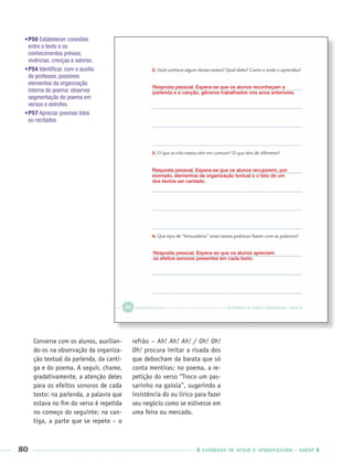 80 CADERNOS DE APOIO E APRENDIZAGEM · SMESP
•P50 Estabelecer conexões
entre o texto e os
conhecimentos prévios,
vivências, crenças e valores.
•P54 Identiﬁcar, com o auxílio
do professor, possíveis
elementos da organização
interna do poema: observar
segmentação do poema em
versos e estrofes.
•P57 Apreciar poemas lidos
ou recitados.
Converse com os alunos, auxilian-
do-os na observação da organiza-
ção textual da parlenda, da canti-
ga e do poema. A seguir, chame,
gradativamente, a atenção deles
para os efeitos sonoros de cada
texto: na parlenda, a palavra que
estava no ﬁm do verso é repetida
no começo do seguinte; na can-
tiga, a parte que se repete – o
refrão – Ah! Ah! Ah! / Oh! Oh!
Oh! procura imitar a risada dos
que debocham da barata que só
conta mentiras; no poema, a re-
petição do verso “Troco um pas-
sarinho na gaiola”, sugerindo a
insistência do eu lírico para fazer
seu negócio como se estivesse em
uma feira ou mercado.
Resposta pessoal. Espera-se que os alunos reconheçam a
parlenda e a canção, gêneros trabalhados nos anos anteriores.
Resposta pessoal. Espera-se que os alunos recuperem, por
exemplo, elementos da organização textual e o fato de um
dos textos ser cantado.
Resposta pessoal. Espera-se que os alunos apreciem
os efeitos sonoros presentes em cada texto.
Port3ºAnoPROF.indd 80Port3ºAnoPROF.indd 80 9/16/10 10:59 AM9/16/10 10:59 AM
 