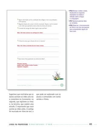 LIVRO DO PROFESSOR LÍNGUA PORTUGUESA · 3O
ANO 85
•P53 Revisar e editar o texto,
focalizando os aspectos
estudados na análise e
reﬂexão sobre a língua
e a linguagem.
•P57 Apreciar poemas lidos
ou recitados.
•P55 Observar o funcionamento
do ritmo e da rima nos poemas
para compreender alguns de
seus usos.
Sugerimos que você deixe que os
alunos assistam ao vídeo uma vez
e comentem-no livremente; na
segunda, que registrem as rimas
e, na terceira, que copiem uma
estrofe. É importante que você
assista ao vídeo antes. A cantiga
foi musicada em ritmo de rock, o
que pode ser explorado com os
alunos e contrastado com outras
versões e ritmos.
Não. Há mais versos na cantiga do vídeo.
Não. No vídeo a barata diz ter mais coisas.
Peludo/ veludo;
balão/ não/ sabão/ avião/ busão;
babado/ rasgado.
Port3ºAnoPROF.indd 85Port3ºAnoPROF.indd 85 9/16/10 10:59 AM9/16/10 10:59 AM
 