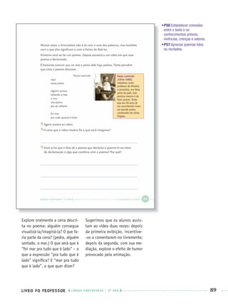 LIVRO DO PROFESSOR LÍNGUA PORTUGUESA · 3O
ANO 89
Explore oralmente a cena descri-
ta no poema: alguém consegue
visualizá-la/imaginá-la? O que fa-
ria parte da cena? (pedra, alguém
sentado, o mar.) O que será que é
“foi mar pra tudo que é lado” – o
que a expressão “pra tudo que é
lado” signiﬁca? E “mar pra tudo
que é lado”, o que quer dizer?
Sugerimos que os alunos assis-
tam ao vídeo duas vezes: depois
da primeira exibição, incentive-
-os a comentarem-no livremente;
depois da segunda, com sua me-
diação, explore o efeito de humor
provocado pela animação.
•P50 Estabelecer conexões
entre o texto e os
conhecimentos prévios,
vivências, crenças e valores.
•P57 Apreciar poemas lidos
ou recitados.
Port3ºAnoPROF.indd 89Port3ºAnoPROF.indd 89 9/16/10 10:59 AM9/16/10 10:59 AM
 