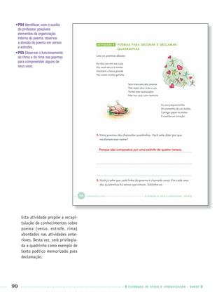 90 CADERNOS DE APOIO E APRENDIZAGEM · SMESP
•P54 Identiﬁcar, com o auxílio
do professor, possíveis
elementos da organização
interna do poema: observar
a divisão do poema em versos
e estrofes.
•P55 Observar o funcionamento
do ritmo e da rima nos poemas
para compreender alguns de
seus usos.
Esta atividade propõe a recapi-
tulação de conhecimentos sobre
poema (verso, estrofe, rima)
abordados nas atividades ante-
riores. Desta vez, será privilegia-
da a quadrinha como exemplo de
texto poético memorizado para
declamação.
Porque são compostos por uma estrofe de quatro versos.
Port3ºAnoPROF.indd 90Port3ºAnoPROF.indd 90 9/16/10 10:59 AM9/16/10 10:59 AM
 