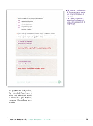 LIVRO DO PROFESSOR LÍNGUA PORTUGUESA · 3O
ANO 91
Nas questões de múltipla esco-
lha e resposta única, leia com os
alunos todo o enunciado e todas
as alternativas para trabalhar
também a eliminação de possi-
bilidades.
•P55 Observar o funcionamento
do ritmo e da rima nos poemas
para compreender alguns de
seus usos.
•P52 Produzir novo poema a
partir de modelo, levando em
conta o gênero e o contexto de
sua produção.
(caminha, vizinha, espinha, farinha, sozinha, campainha)
(amor, ﬂor, dor, cantor, beija-ﬂor, valor, temor)
X
Port3ºAnoPROF.indd 91Port3ºAnoPROF.indd 91 9/16/10 10:59 AM9/16/10 10:59 AM
 