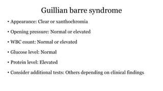 Guillian barre syndrome
• Appearance: Clear or xanthochromia
• Opening pressure: Normal or elevated
• WBC count: Normal or elevated
• Glucose level: Normal
• Protein level: Elevated
• Consider additional tests: Others depending on clinical findings
 