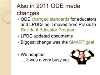 Also in 2011 ODE made
changes
ODE changed standards for educators
and LPDCs as it moved from Praxis to
Resident Educator Program
 LPDC updated documents
 Biggest change was the SMART goal




We adapted
… it was a very busy year!

 