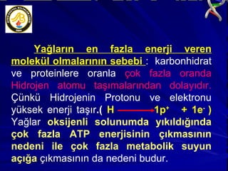 Yağların en fazla enerji veren molekül olmalarının sebebi  :  karbonhidrat ve proteinlere oranla  çok fazla oranda Hidrojen atomu taşımalarından dolayıdır.  Çünkü Hidrojenin Protonu ve elektronu yüksek enerji taşır .(  H  1p +  + 1e -  )  Yağlar  oksijenli solunumda yıkıldığında çok fazla ATP enerjisinin çıkmasının nedeni ile çok fazla metabolik suyun açığa   çıkmasının da nedeni budur. 