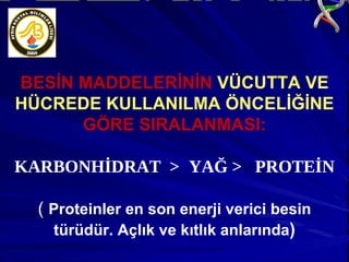 BESİN MADDELERİNİN  VÜCUTTA VE HÜCREDE KULLANILMA ÖNCELİĞİNE  GÖRE SIRALANMASI: KARBONHİDRAT  > YAĞ >  PROTEİN (  Proteinler en son enerji verici besin türüdür. Açlık ve kıtlık anlarında )‏ 