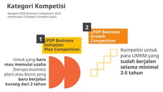 Kategori Kompetisi
LPDP Business
Initiation
Plan Competition
LPDP Business
Growth
Competition
Kategori LPDP Business Competition 2023
mempunyai 2 kategori kompetisi yaitu:
Untuk yang baru
mau memulai usaha
(berupa business
plan) atau bisnis yang
baru berjalan
kurang dari 2 tahun
Kompetisi untuk
para UMKM yang
sudah berjalan
selama minimal
2-5 tahun
1
2
 