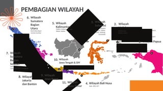 21
PEMBAGIAN WILAYAH
Wilayah
Kalimantan
Kaltim, Kaltara, Kalteng,
Kalsel, Kalbar
Wilayah
Sumatera
Bagian
Utara
Aceh,Riau,Kepri
,Sumut,Sumbar
Wilayah
Jawa Tengah & DIY
Wilayah
Jakarta
dan Banten
Wilayah
Jawa Barat
Wilayah
Jawa Timur
Wilayah Bali Nusa
Wilayah Papua
Wilayah
Maluku
Papua, Papua Barat,
Papua Selatan,
Papua Tengah,
Papua Pegunungan,
Papua barat
Wilayah
Sulawesi
Wilayah
Sumatera
Bagian
Selatan
Sulawesi
Selatan, Sulbar,
Sulut, Sulteng,
Gorontalo
Maluku dan
Maluku Utara
Jambi, Sumsel,
Lampung, Babel, Bengkulu
1.
2.
3.
4.
5.
6.
7.
8. 9.
10.
11.
Bali, NTB, NTT
 