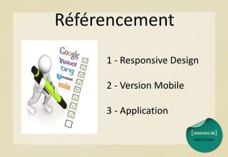Référencement
1 - Responsive Design
2 - Version Mobile
3 - Application
 