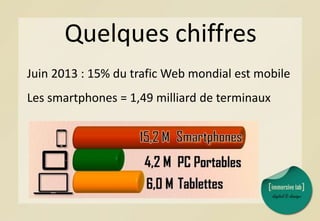 Quelques chiffres
Juin 2013 : 15% du trafic Web mondial est mobile
Les smartphones = 1,49 milliard de terminaux
 