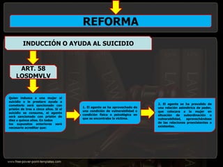 REFORMA
Quien induzca a una mujer al
suicidio o le prestare ayuda a
cometerlo será sancionado con
prisión de tres a cinco años. Si el
suicidio se consuma, el agente
será sancionado con prisión de
diez a quince años. En todos
los supuestos anteriores será
necesario acreditar que:
2. El agente se ha prevalido de
una relación asimétrica de poder,
que colocara a la mujer en
situación de subordinación o
vulnerabilidad, aprovechándose
de las relaciones preexistentes o
existentes.
1. El agente se ha aprovechado de
una condición de vulnerabilidad o
condición física o psicológica en
que se encontraba la víctima.
INDUCCIÓN O AYUDA AL SUICIDIO
ART. 58
LOSDMVLV
 
