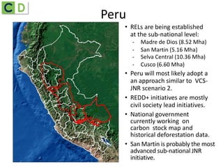 Peru
• RELs are being established
at the sub-national level:
- Madre de Dios (8.52 Mha)
- San Martin (5.16 Mha)
- Selva Central (10.36 Mha)
- Cusco (6.60 Mha)
• Peru will most likely adopt a
an approach similar to VCS-
JNR scenario 2.
• National government
currently working on
carbon stock map and
historical deforestation data.
• REDD+ initiatives are mostly
civil society lead initiatives.
• San Martin is probably the most
advanced sub-national JNR
initiative.
 