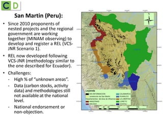 San Martin (Peru):
• Since 2010 proponents of
nested projects and the regional
government are working
together (MINAM observing) to
develop and register a REL (VCS-
JNR Scenario 1).
• REL now developed following
VCS-JNR (methodology similar to
the one described for Ecuador).
• Challenges:
- High % of “unknown areas”.
- Data (carbon stocks, activity
data) and methodologies still
not available at the national
level.
- National endorsement or
non-objection.
 