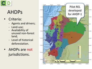 AHDPs
• Criteria:
- Agents and drivers;
- Land-use;
- Availability of
unused non-forest
land;
- Level of historical
deforestation.
• AHDPs are not
jurisdictions.
Pilot REL
developed
for AHDP-1
 