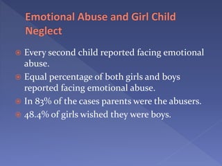  Every second child reported facing emotional
abuse.
 Equal percentage of both girls and boys
reported facing emotional abuse.
 In 83% of the cases parents were the abusers.
 48.4% of girls wished they were boys.
 