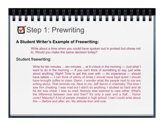Step 1: Prewriting
A Student Writer’s Example of Freewriting:
        Write about a time when you could have spoken out in protest but chose not
        to. Would you make the same decision today?

Student freewriting:
         Write for ten minutes ... ten minutes ... at 9 o'clock in the morning — Just what I
         want to do in the morning — If you can't think of something to say, just write
         about anything. Right! Time to get this over with — An experience — should
         have talked — I can think of plenty of times I should have kept quiet! I should
         have brought coffee to class. Damn. I wonder what the people next to me are
         writing about. That reminds me. Next to me. Jeff Servin in chemistry. The time I
         saw him cheating. I was mad but I didn't do anything. I studied so hard and all
         he did was cheat. I was so mad. Nobody else seemed to care either. What's
         the difference between now and then? It's only a year and a half.... Honor
         code? Maturity? A lot of people cheated in high school. I bet I could write about
         this — Before and after, etc. My attitude then and now.
 
