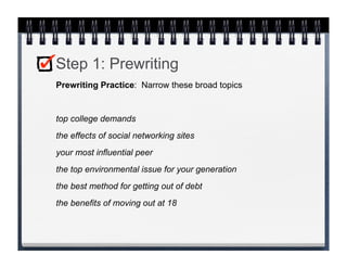 Step 1: Prewriting
Prewriting Practice: Narrow these broad topics


top college demands
the effects of social networking sites
your most influential peer
the top environmental issue for your generation
the best method for getting out of debt
the benefits of moving out at 18
 