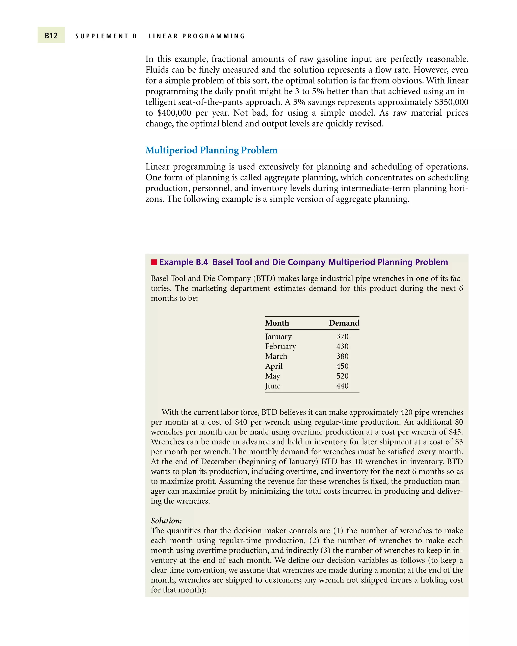 B12 S U P P L E M E N T B L I N E A R P R O G R A M M I N G
In this example, fractional amounts of raw gasoline input are perfectly reasonable.
Fluids can be finely measured and the solution represents a flow rate. However, even
for a simple problem of this sort, the optimal solution is far from obvious. With linear
programming the daily profit might be 3 to 5% better than that achieved using an in-
telligent seat-of-the-pants approach. A 3% savings represents approximately $350,000
to $400,000 per year. Not bad, for using a simple model. As raw material prices
change, the optimal blend and output levels are quickly revised.
Multiperiod Planning Problem
Linear programming is used extensively for planning and scheduling of operations.
One form of planning is called aggregate planning, which concentrates on scheduling
production, personnel, and inventory levels during intermediate-term planning hori-
zons. The following example is a simple version of aggregate planning.
■ Example B.4 Basel Tool and Die Company Multiperiod Planning Problem
Month Demand
January 370
February 430
March 380
April 450
May 520
June 440
Basel Tool and Die Company (BTD) makes large industrial pipe wrenches in one of its fac-
tories. The marketing department estimates demand for this product during the next 6
months to be:
With the current labor force, BTD believes it can make approximately 420 pipe wrenches
per month at a cost of $40 per wrench using regular-time production. An additional 80
wrenches per month can be made using overtime production at a cost per wrench of $45.
Wrenches can be made in advance and held in inventory for later shipment at a cost of $3
per month per wrench. The monthly demand for wrenches must be satisfied every month.
At the end of December (beginning of January) BTD has 10 wrenches in inventory. BTD
wants to plan its production, including overtime, and inventory for the next 6 months so as
to maximize profit. Assuming the revenue for these wrenches is fixed, the production man-
ager can maximize profit by minimizing the total costs incurred in producing and deliver-
ing the wrenches.
Solution:
The quantities that the decision maker controls are (1) the number of wrenches to make
each month using regular-time production, (2) the number of wrenches to make each
month using overtime production, and indirectly (3) the number of wrenches to keep in in-
ventory at the end of each month. We define our decision variables as follows (to keep a
clear time convention, we assume that wrenches are made during a month; at the end of the
month, wrenches are shipped to customers; any wrench not shipped incurs a holding cost
for that month):
 