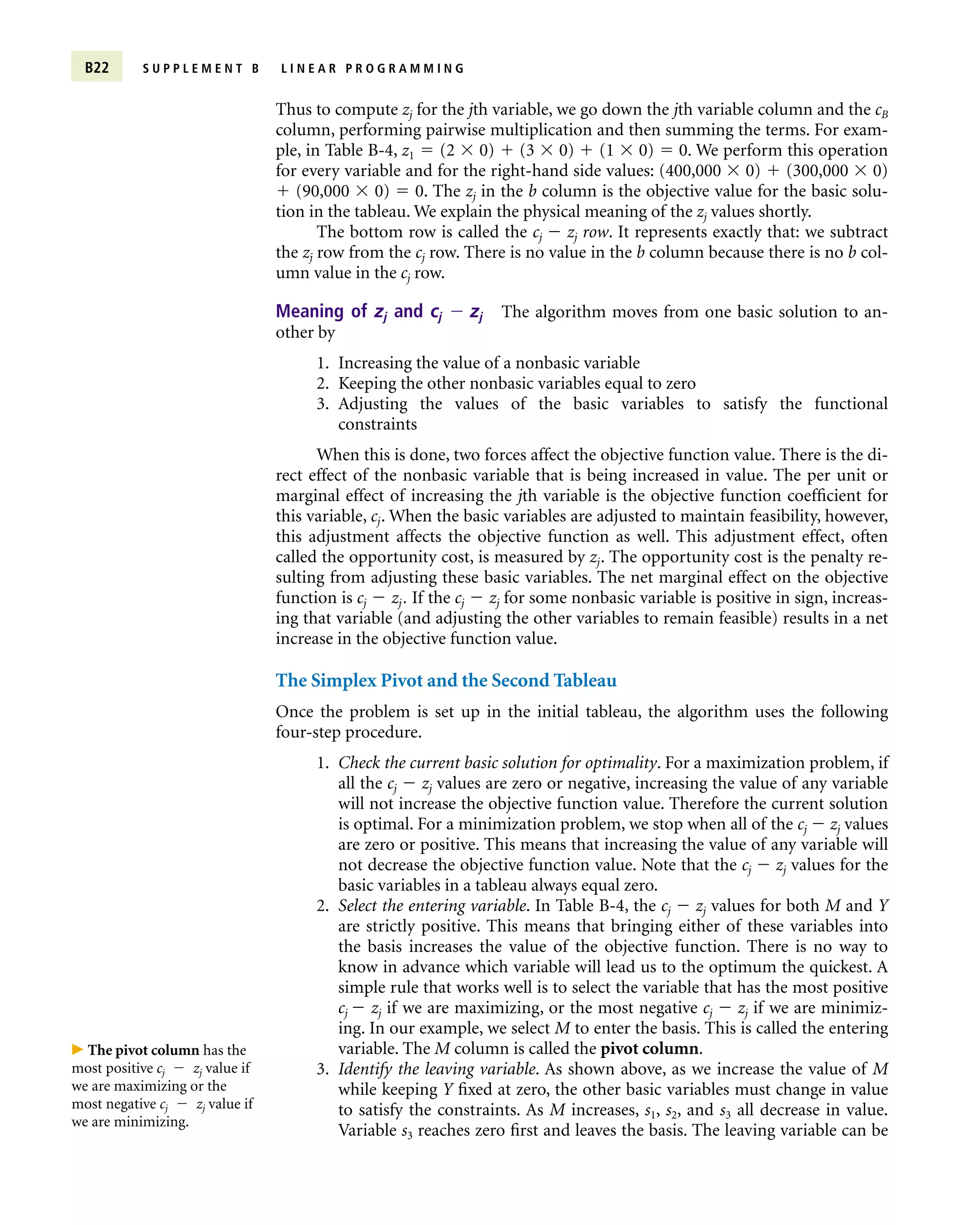 Thus to compute zj for the jth variable, we go down the jth variable column and the cB
column, performing pairwise multiplication and then summing the terms. For exam-
ple, in Table B-4, z1  (2  0)  (3  0)  (1  0)  0. We perform this operation
for every variable and for the right-hand side values: (400,000  0)  (300,000  0)
 (90,000  0)  0. The zj in the b column is the objective value for the basic solu-
tion in the tableau. We explain the physical meaning of the zj values shortly.
The bottom row is called the cj  zj row. It represents exactly that: we subtract
the zj row from the cj row. There is no value in the b column because there is no b col-
umn value in the cj row.
Meaning of zj and cj  zj The algorithm moves from one basic solution to an-
other by
1. Increasing the value of a nonbasic variable
2. Keeping the other nonbasic variables equal to zero
3. Adjusting the values of the basic variables to satisfy the functional
constraints
When this is done, two forces affect the objective function value. There is the di-
rect effect of the nonbasic variable that is being increased in value. The per unit or
marginal effect of increasing the jth variable is the objective function coefficient for
this variable, cj. When the basic variables are adjusted to maintain feasibility, however,
this adjustment affects the objective function as well. This adjustment effect, often
called the opportunity cost, is measured by zj. The opportunity cost is the penalty re-
sulting from adjusting these basic variables. The net marginal effect on the objective
function is cj  zj . If the cj  zj for some nonbasic variable is positive in sign, increas-
ing that variable (and adjusting the other variables to remain feasible) results in a net
increase in the objective function value.
The Simplex Pivot and the Second Tableau
Once the problem is set up in the initial tableau, the algorithm uses the following
four-step procedure.
1. Check the current basic solution for optimality. For a maximization problem, if
all the cj  zj values are zero or negative, increasing the value of any variable
will not increase the objective function value. Therefore the current solution
is optimal. For a minimization problem, we stop when all of the cj  zj values
are zero or positive. This means that increasing the value of any variable will
not decrease the objective function value. Note that the cj  zj values for the
basic variables in a tableau always equal zero.
2. Select the entering variable. In Table B-4, the cj  zj values for both M and Y
are strictly positive. This means that bringing either of these variables into
the basis increases the value of the objective function. There is no way to
know in advance which variable will lead us to the optimum the quickest. A
simple rule that works well is to select the variable that has the most positive
cj  zj if we are maximizing, or the most negative cj  zj if we are minimiz-
ing. In our example, we select M to enter the basis. This is called the entering
variable. The M column is called the pivot column.
3. Identify the leaving variable. As shown above, as we increase the value of M
while keeping Y fixed at zero, the other basic variables must change in value
to satisfy the constraints. As M increases, s1, s2, and s3 all decrease in value.
Variable s3 reaches zero first and leaves the basis. The leaving variable can be
 The pivot column has the
most positive cj  zj value if
we are maximizing or the
most negative cj  zj value if
we are minimizing.
B22 S U P P L E M E N T B L I N E A R P R O G R A M M I N G
 