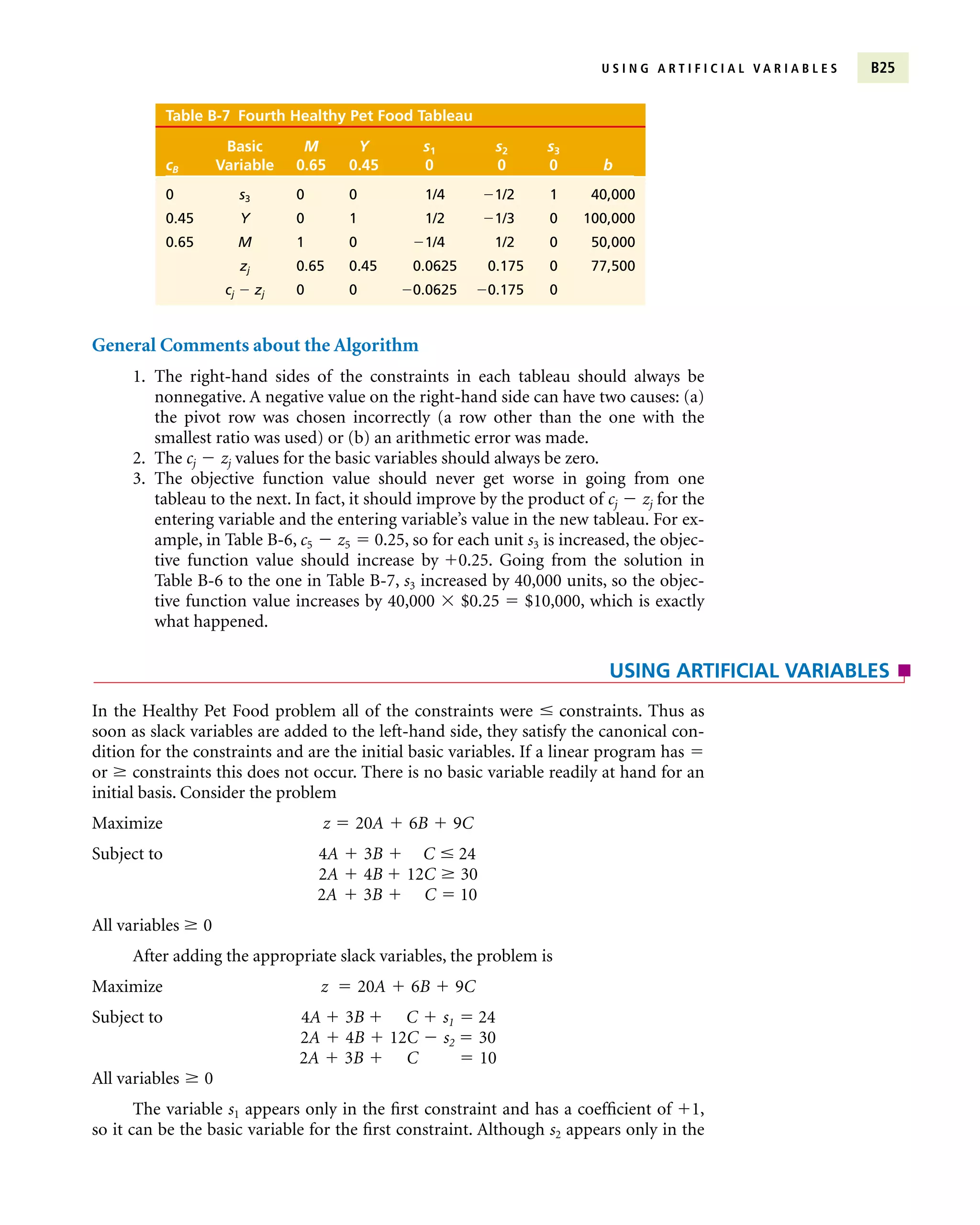 U S I N G A R T I F I C I A L V A R I A B L E S B25
General Comments about the Algorithm
1. The right-hand sides of the constraints in each tableau should always be
nonnegative. A negative value on the right-hand side can have two causes: (a)
the pivot row was chosen incorrectly (a row other than the one with the
smallest ratio was used) or (b) an arithmetic error was made.
2. The cj  zj values for the basic variables should always be zero.
3. The objective function value should never get worse in going from one
tableau to the next. In fact, it should improve by the product of cj  zj for the
entering variable and the entering variable’s value in the new tableau. For ex-
ample, in Table B-6, c5  z5  0.25, so for each unit s3 is increased, the objec-
tive function value should increase by 0.25. Going from the solution in
Table B-6 to the one in Table B-7, s3 increased by 40,000 units, so the objec-
tive function value increases by 40,000  $0.25  $10,000, which is exactly
what happened.
In the Healthy Pet Food problem all of the constraints were  constraints. Thus as
soon as slack variables are added to the left-hand side, they satisfy the canonical con-
dition for the constraints and are the initial basic variables. If a linear program has 
or  constraints this does not occur. There is no basic variable readily at hand for an
initial basis. Consider the problem
Maximize z  20A  6B  9C
Subject to 4A  3B  C  24
2A  4B  12C  30
2A  3B  C  10
All variables  0
After adding the appropriate slack variables, the problem is
Maximize z  20A  6B  9C
Subject to 4A  3B  C  s1  24
2A  4B  12C  s2  30
2A  3B  C  10
All variables  0
The variable s1 appears only in the first constraint and has a coefficient of 1,
so it can be the basic variable for the first constraint. Although s2 appears only in the
Table B-7 Fourth Healthy Pet Food Tableau
Basic M Y s1 s2 s3
cB Variable 0.65 0.45 0 0 0 b
0 s3 0 0 1/4 1/2 1 40,000
0.45 Y 0 1 1/2 1/3 0 100,000
0.65 M 1 0 1/4 1/2 0 50,000
zj 0.65 0.45 0.0625 0.175 0 77,500
cj  zj 0 0 0.0625 0.175 0
USING ARTIFICIAL VARIABLES
 
