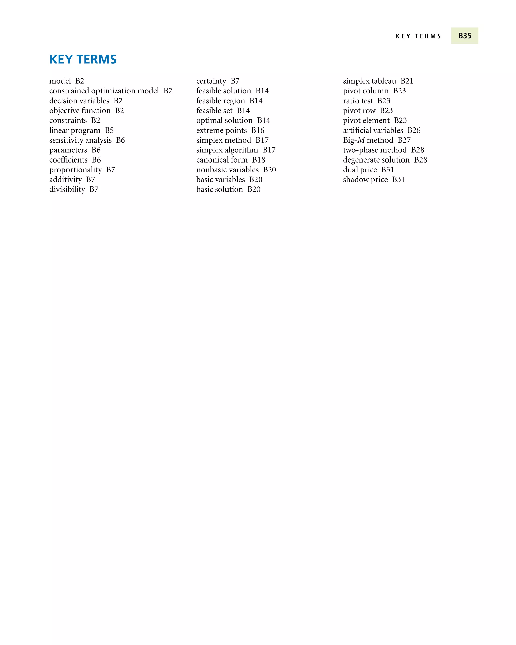 K E Y T E R M S B35
KEY TERMS
model B2
constrained optimization model B2
decision variables B2
objective function B2
constraints B2
linear program B5
sensitivity analysis B6
parameters B6
coefficients B6
proportionality B7
additivity B7
divisibility B7
certainty B7
feasible solution B14
feasible region B14
feasible set B14
optimal solution B14
extreme points B16
simplex method B17
simplex algorithm B17
canonical form B18
nonbasic variables B20
basic variables B20
basic solution B20
simplex tableau B21
pivot column B23
ratio test B23
pivot row B23
pivot element B23
artificial variables B26
Big-M method B27
two-phase method B28
degenerate solution B28
dual price B31
shadow price B31
 