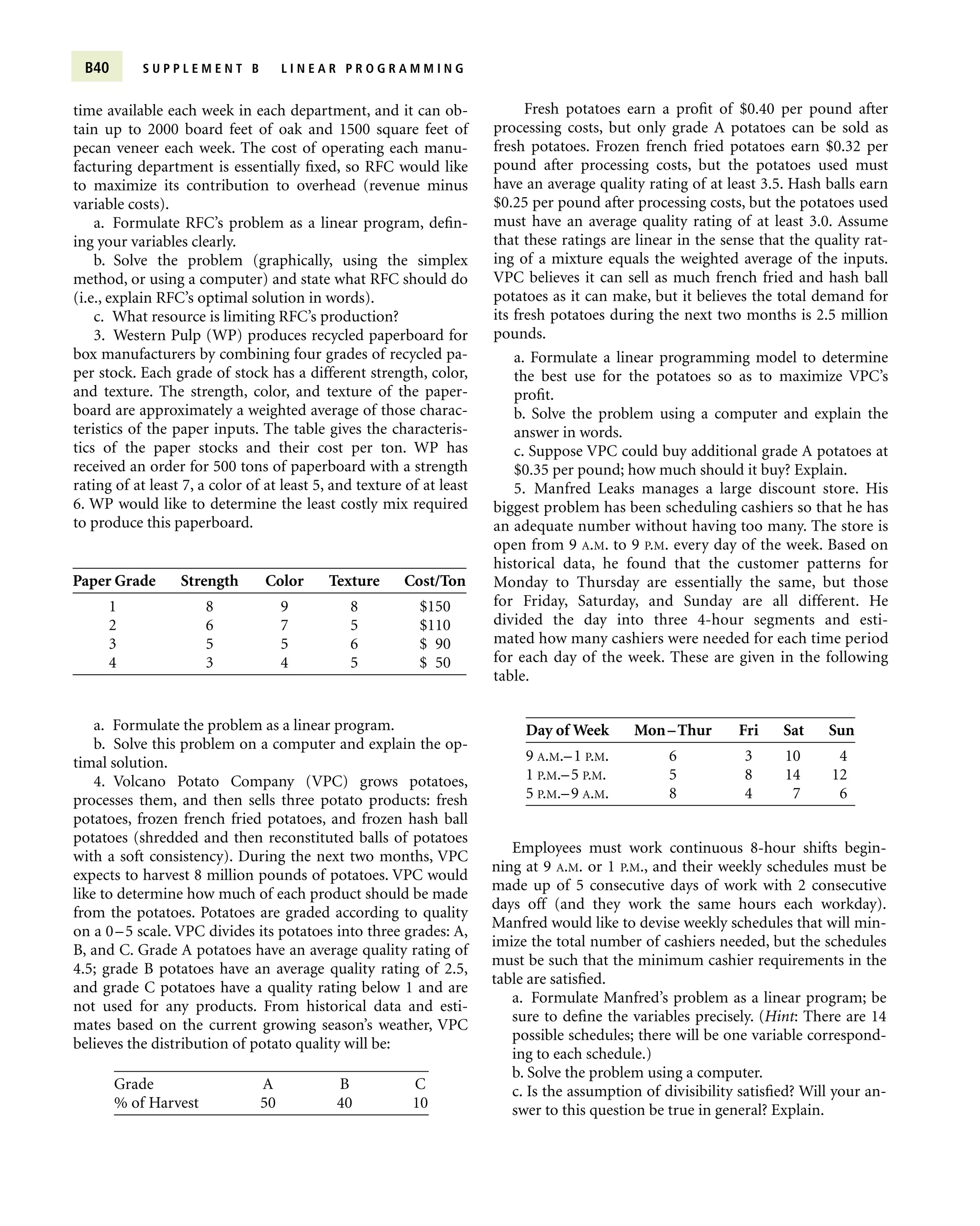 B40 S U P P L E M E N T B L I N E A R P R O G R A M M I N G
Paper Grade Strength Color Texture Cost/Ton
1 8 9 8 $150
2 6 7 5 $110
3 5 5 6 $ 90
4 3 4 5 $ 50
time available each week in each department, and it can ob-
tain up to 2000 board feet of oak and 1500 square feet of
pecan veneer each week. The cost of operating each manu-
facturing department is essentially fixed, so RFC would like
to maximize its contribution to overhead (revenue minus
variable costs).
a. Formulate RFC’s problem as a linear program, defin-
ing your variables clearly.
b. Solve the problem (graphically, using the simplex
method, or using a computer) and state what RFC should do
(i.e., explain RFC’s optimal solution in words).
c. What resource is limiting RFC’s production?
3. Western Pulp (WP) produces recycled paperboard for
box manufacturers by combining four grades of recycled pa-
per stock. Each grade of stock has a different strength, color,
and texture. The strength, color, and texture of the paper-
board are approximately a weighted average of those charac-
teristics of the paper inputs. The table gives the characteris-
tics of the paper stocks and their cost per ton. WP has
received an order for 500 tons of paperboard with a strength
rating of at least 7, a color of at least 5, and texture of at least
6. WP would like to determine the least costly mix required
to produce this paperboard.
a. Formulate the problem as a linear program.
b. Solve this problem on a computer and explain the op-
timal solution.
4. Volcano Potato Company (VPC) grows potatoes,
processes them, and then sells three potato products: fresh
potatoes, frozen french fried potatoes, and frozen hash ball
potatoes (shredded and then reconstituted balls of potatoes
with a soft consistency). During the next two months, VPC
expects to harvest 8 million pounds of potatoes. VPC would
like to determine how much of each product should be made
from the potatoes. Potatoes are graded according to quality
on a 0–5 scale. VPC divides its potatoes into three grades: A,
B, and C. Grade A potatoes have an average quality rating of
4.5; grade B potatoes have an average quality rating of 2.5,
and grade C potatoes have a quality rating below 1 and are
not used for any products. From historical data and esti-
mates based on the current growing season’s weather, VPC
believes the distribution of potato quality will be:
Fresh potatoes earn a profit of $0.40 per pound after
processing costs, but only grade A potatoes can be sold as
fresh potatoes. Frozen french fried potatoes earn $0.32 per
pound after processing costs, but the potatoes used must
have an average quality rating of at least 3.5. Hash balls earn
$0.25 per pound after processing costs, but the potatoes used
must have an average quality rating of at least 3.0. Assume
that these ratings are linear in the sense that the quality rat-
ing of a mixture equals the weighted average of the inputs.
VPC believes it can sell as much french fried and hash ball
potatoes as it can make, but it believes the total demand for
its fresh potatoes during the next two months is 2.5 million
pounds.
a. Formulate a linear programming model to determine
the best use for the potatoes so as to maximize VPC’s
profit.
b. Solve the problem using a computer and explain the
answer in words.
c. Suppose VPC could buy additional grade A potatoes at
$0.35 per pound; how much should it buy? Explain.
5. Manfred Leaks manages a large discount store. His
biggest problem has been scheduling cashiers so that he has
an adequate number without having too many. The store is
open from 9 A.M. to 9 P.M. every day of the week. Based on
historical data, he found that the customer patterns for
Monday to Thursday are essentially the same, but those
for Friday, Saturday, and Sunday are all different. He
divided the day into three 4-hour segments and esti-
mated how many cashiers were needed for each time period
for each day of the week. These are given in the following
table.
Day of Week Mon–Thur Fri Sat Sun
9 A.M.–1 P.M. 6 3 10 4
1 P.M.–5 P.M. 5 8 14 12
5 P.M.–9 A.M. 8 4 7 6
Grade A B C
% of Harvest 50 40 10
Employees must work continuous 8-hour shifts begin-
ning at 9 A.M. or 1 P.M., and their weekly schedules must be
made up of 5 consecutive days of work with 2 consecutive
days off (and they work the same hours each workday).
Manfred would like to devise weekly schedules that will min-
imize the total number of cashiers needed, but the schedules
must be such that the minimum cashier requirements in the
table are satisfied.
a. Formulate Manfred’s problem as a linear program; be
sure to define the variables precisely. (Hint: There are 14
possible schedules; there will be one variable correspond-
ing to each schedule.)
b. Solve the problem using a computer.
c. Is the assumption of divisibility satisfied? Will your an-
swer to this question be true in general? Explain.
 