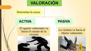VALORACIÓN
ACTIVA
El agente vulnerante va
hacia el cuerpo de la
víctima
PASIVA
La víctima va hacia el
objeto vulnerante
Determina la causa
 
