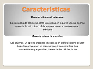 Características
                   Características estructurales:

La existencia de polímeros como la celulosa en la pared vegetal permite
    sustentar la estructura celular empleando un armazón externo.
                                Individual

                     Características funcionales

Las enzimas, un tipo de proteínas implicadas en el metabolismo celular.
      Las células vivas son un sistema bioquímico complejo. Las
       características que permiten diferenciar las células de los
 