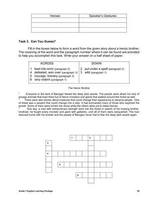 Heroes                         Speaker‘s Gestures




Task 3. Can You Guess?

       Fill in the boxes below to form a word from the given story about a heroic brother.
The meaning of the word and the paragraph number where it can be found are provided
to help you accomplish this task. Write your answer on a half sheet of paper.

                    ACROSS                                       DOWN
          1   lead into error (paragraph 2)    2 put under a spell (paragraph 2)
          4   defeated, won over (paragraph 3) 3 wild (paragraph 1)
          5   courage, bravery (paragraph 3)
          6   very violent (paragraph 1)

                                           The Heroic Brother
1
       Everyone in the land of Barogan feared the deep dark woods. The people were afraid not only of
savage animals that lived there but of fierce monsters and giants that walked around the forest as well.
2
      There were also stories about creatures that could change their appearance to deceive people. One
of these was a serpent that could change into a lady. It had enchanted many of those who explored the
woods. Some of them were turned into stone while the others were put to sleep forever.
3
        One day, a man with extraordinary strength went into the forest in search of his missing brother.
Unafraid, he fought every monster and giant with gallantry, until all of them were vanquished. The man
returned home with his brother and the people of Barogan never had to fear the deep dark woods again.




                                             1               2

                          3




                          4




                                   5




                                                   6




Grade 7 English Learning Package                                                                       55
 