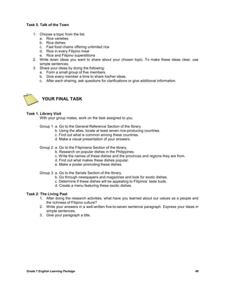 Grade 7 English Learning Package 49
Task 5. Talk of the Town
1. Choose a topic from the list.
a. Rice varieties
b. Rice dishes
c. Fast food chains offering unlimited rice
d. Rice in every Filipino meal
e. Rice and Filipino superstitions
2. Write down ideas you want to share about your chosen topic. To make these ideas clear, use
simple sentences.
3. Share your ideas by doing the following:
a. Form a small group of five members.
b. Give every member a time to share his/her ideas.
c. After each sharing, ask questions for clarifications or give additional information.
YOUR FINAL TASK
Task 1. Library Visit
With your group mates, work on the task assigned to you.
Group 1: a. Go to the General Reference Section of the library.
b. Using the atlas, locate at least seven rice-producing countries.
c. Find out what is common among these countries.
d. Make a visual presentation of your answers.
Group 2: a. Go to the Filipiniana Section of the library.
b. Research on popular dishes in the Philippines.
c. Write the names of these dishes and the provinces and regions they are from.
d. Find out what makes these dishes popular.
e. Make a poster promoting these dishes.
Group 3: a. Go to the Serials Section of the library.
b. Go through newspapers and magazines and look for exotic dishes.
c. Determine if these dishes will be appealing to Filipinos‘ taste buds.
d. Create a menu featuring these exotic dishes.
Task 2: The Living Past
1. After doing the research activities, what have you learned about our values as a people and
the richness of Filipino culture?
2. Write your answers in a well-written five-to-seven sentence paragraph. Express your ideas in
simple sentences.
3. Give your paragraph a title.
 