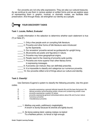 Grade 7 English Learning Package 7
Our proverbs are not only witty expressions. They are also our cultural treasures.
As we continue to use them in various spoken or written forms and as we explore ways
of representing them in graphic, musical, or dramatic modes, we facilitate their
preservation. And through these, we strengthen our identity as a people.
YOUR DISCOVERY TASKS
Task 1. Locate, Reflect, Evaluate!
Locate information in the selection to determine whether each statement is true
(T) or false (F).
_____ 1. Only a few people work on compiling folk literature.
_____ 2. Proverbs and other forms of folk literature were introduced
by the Spaniards.
_____ 3. Our ancestors‘ proverbs served as guideposts for upright living.
_____ 4. All proverbs are poetic and figurative in nature.
_____ 5. Proverbs may have geographical origins.
_____ 6. People react to the meaning of proverbs quite quickly.
_____ 7. Proverbs are more superior than other literary forms
in expressing messages.
_____ 8. If proverbs can instruct, they can definitely prescribe.
_____ 9. It is impossible to classify and categorize our numerous proverbs.
_____ 10. Our proverbs reflect a lot of things about our culture and identity.
Task 2. Classify!
Use Damiana Eugenio‘s system to classify the following proverbs. Use the given
codes.
G – proverbs expressing a general attitude towards life and the laws that govern life
E – ethical proverbs recommending certain virtues and condemning certain vices
V – proverbs expressing a system of values
T – proverbs expressing general truths/observations about life and human nature
H – humorous proverbs
M – miscellaneous proverbs
____ 1. Matibay ang walis, palibhasa'y magkabigkis.
A broom is sturdy because its strands are tightly bound.
____ 2. Sa taong walang takot, walang mataas na bakod.
To a fearless person, no fence is high enough.
 