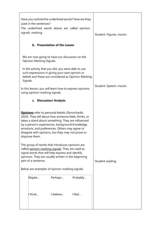 Have you noticed the underlined words? How are they
used in the sentences?
The underlined words above are called opinion-
signals. marking
b. Presentation of the Lesson
We are now going to have our discussion on the
Opinion-Marking Signals.
In the activity that you did, you were able to use
such expressions in giving your own opinion or
beliefs and these are considered as Opinion-Marking
Signals.
In this lesson, you will learn how to express opinions
using opinion-marking signals.
c. Discussion/ Analysis
Opinions refer to personal beliefs (Donnchaidh,
2020). They tell about how someone feels, thinks, or
takes a stand about something. They are influenced
by a person’s experiences, background knowledge,
emotions, and preferences. Others may agree or
disagree with opinions, but they may not prove or
disprove them.
The group of words that introduces opinions are
called opinion-marking signals. They are used as
signal words that will help express and identify
opinions. They are usually written in the beginning
part of a sentence.
Below are examples of opinion-marking signals.
Maybe… Perhaps… Probably…
I think… I believe… I feel…
Student: Figures, ma’am.
Student: Speech, ma’am.
Student reading.
 