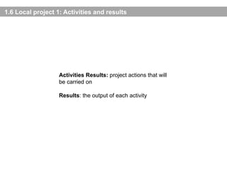 1.6 Local project 1: Activities and results Activities Results:  project actions that will be carried on  Results : the output of each activity 