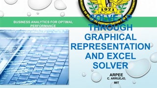 SOLVE LP
THROUGH
GRAPHICAL
REPRESENTATION
AND EXCEL
SOLVER
BUSINESS ANALYTICS FOR OPTIMAL
PERFORMANCE
ARPEE
C. ARRUEJO,
MIT
 